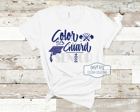 Color Guard Senior white Bella Canvas t-shirt with royal blue glitter HTV and cobalt and crystal rhinestones