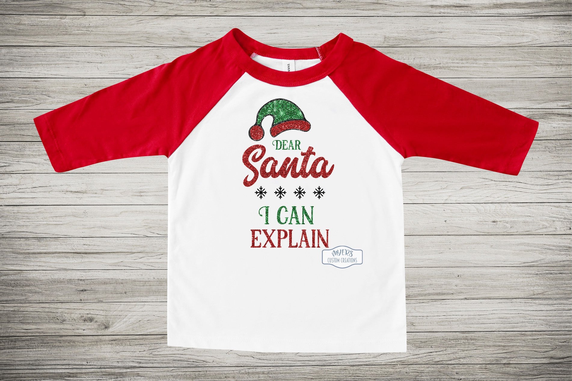 Dear Santa I Can Explain White and Red Baseball 3/4 Sleeve Tee