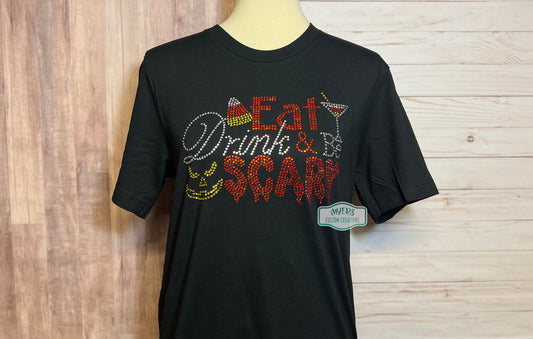 Eat Drink and Be Scary Rhinestone Shirt on Black Bella+Canvas t-shirt with crystal, orange, and citrine rhinestones