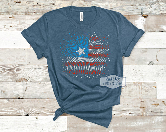 Fireworks American Flag Rhinestone heather deep teal Bella+Canvas t-shirt with red siam, crystal, and blue rhinestones