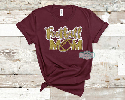 Football Mom Rhinestone Multi-Dec maroon Bella+Canvas shirt with white glitter, gold glitter, and crystal rhinestones