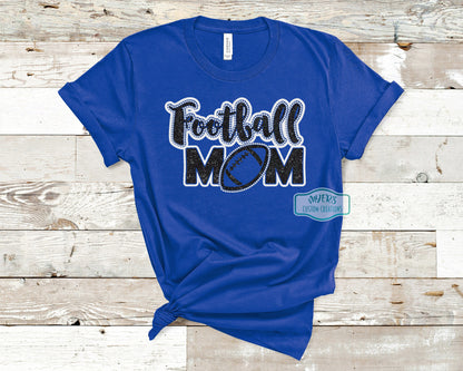 Football Mom Rhinestone Multi-Dec royal blue Bella+Canvas shirt with white glitter, black glitter, and crystal rhinestones