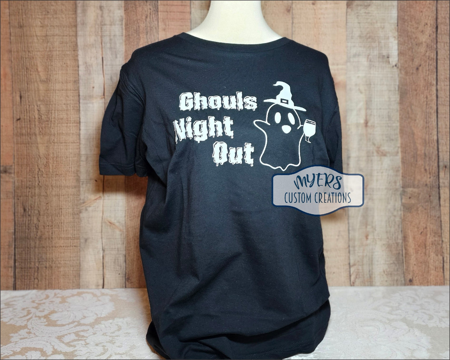 Ghouls Night Out black Bella+Canvas t-shirt with a cute cocktail ghost