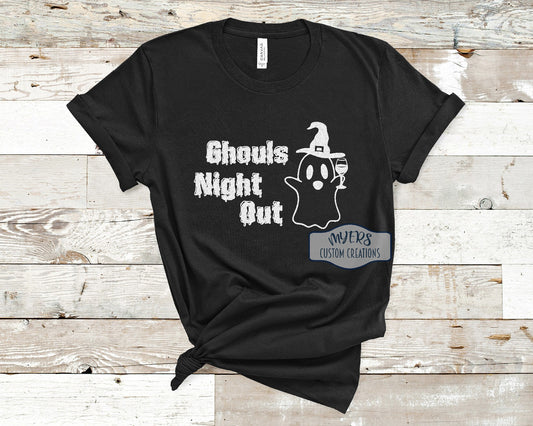 Ghouls Night Out black Bella+Canvas t-shirt with a cute wine ghost with white glitter HTV