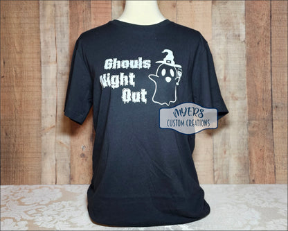 Ghouls Night Out black Bella+Canvas t-shirt with a cute wine ghost with white HTV