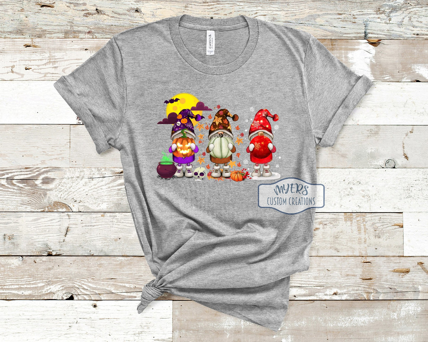 Halloween Thanksgiving/Fall Christmas Gnomes on Athletic Heather Bella+Canvas t-shirt