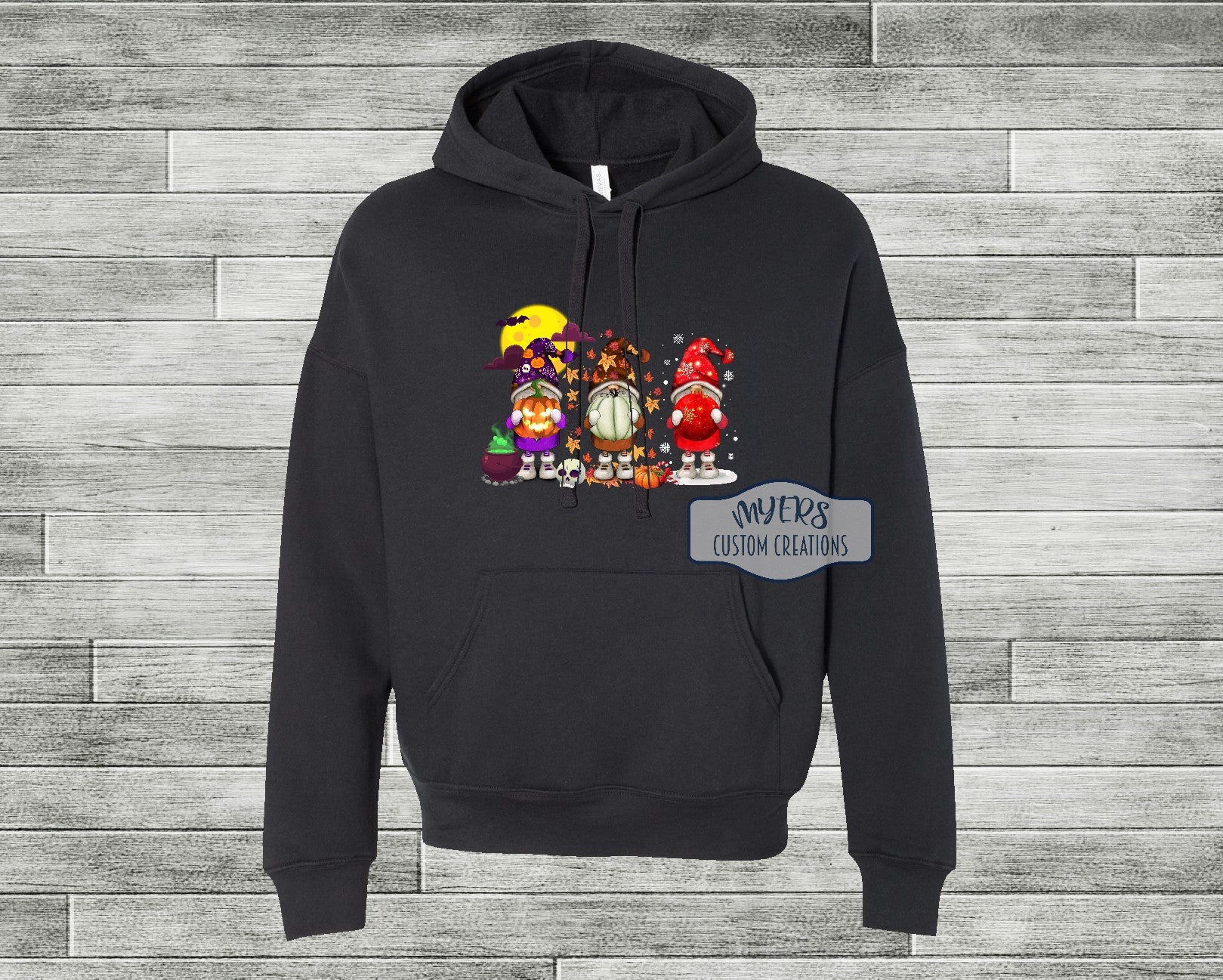 Halloween Thanksgiving/Fall Christmas Gnomes on Black Bella+Canvas hoodie