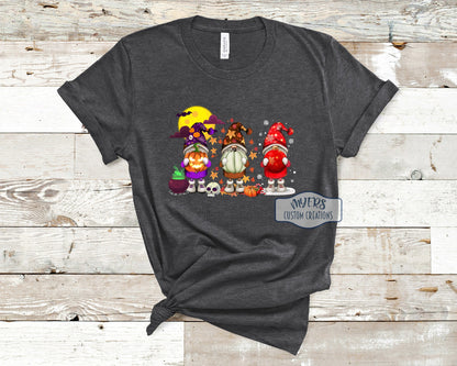 Halloween Thanksgiving/Fall Christmas Gnomes on HeatherDark Grey Bella+Canvas t-shirt