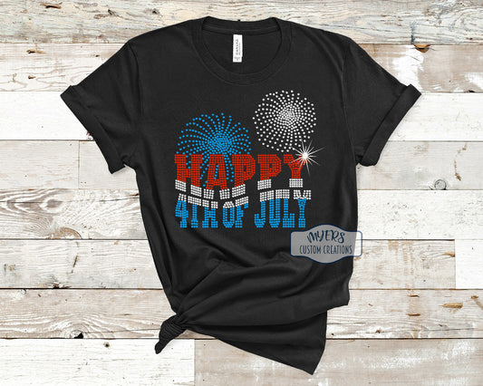 Happy 4th of July Fireworks Rhinestone black Bella+Canvas t-shirt with crystal, blue, and red siam rhinestones