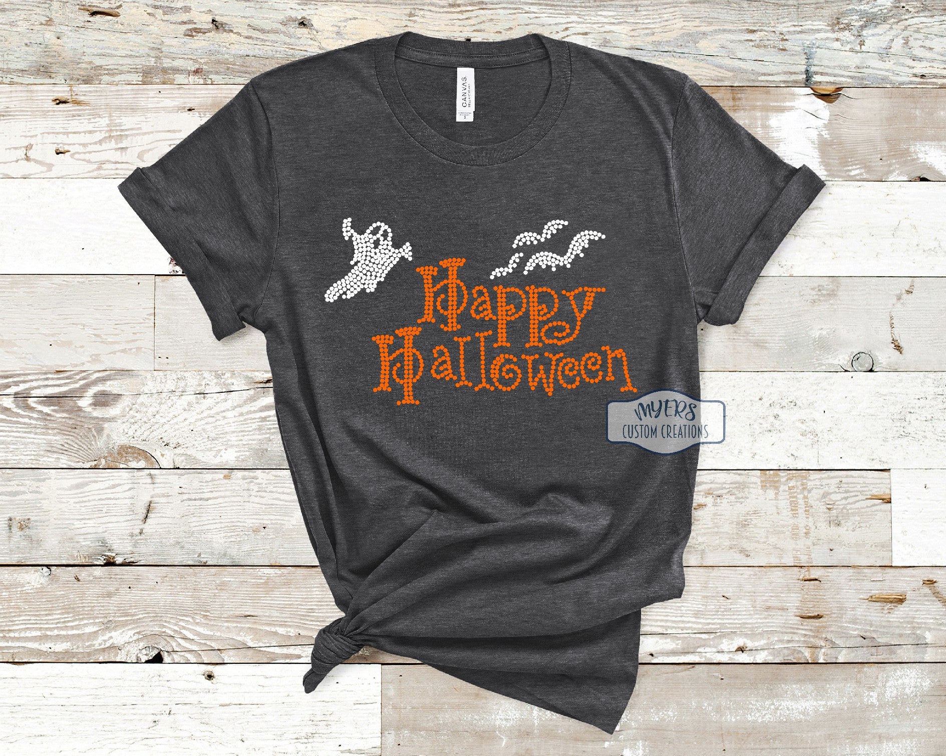 Happy Halloween Rhinestone Heather Dark Grey t-shirt with crystal and orange rhinestones