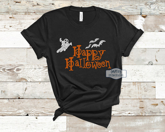 Happy Halloween Rhinestone Black t-shirt with crystal and orange rhinestones