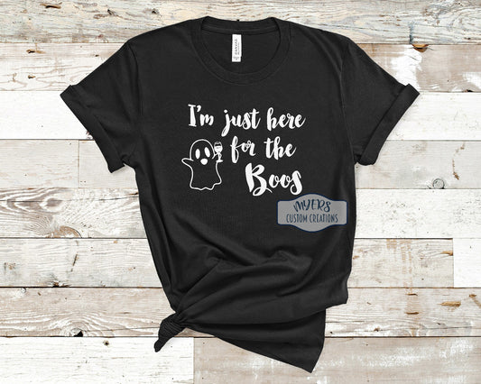 I'm Just Here for the Boos Black Bella+Canvas t-shirt with a cute wine ghost