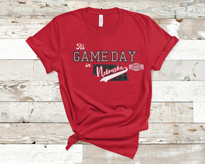 It's Game Day in Nebraska Red Bella+Canvas T-Shirt with Black Glitter, White Glitter, and Crystal Rhinestones