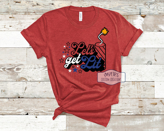 Let's Get Lit Firework heather red Bella+Canvas t-shirt with white, royal blue, black, and sun HTV