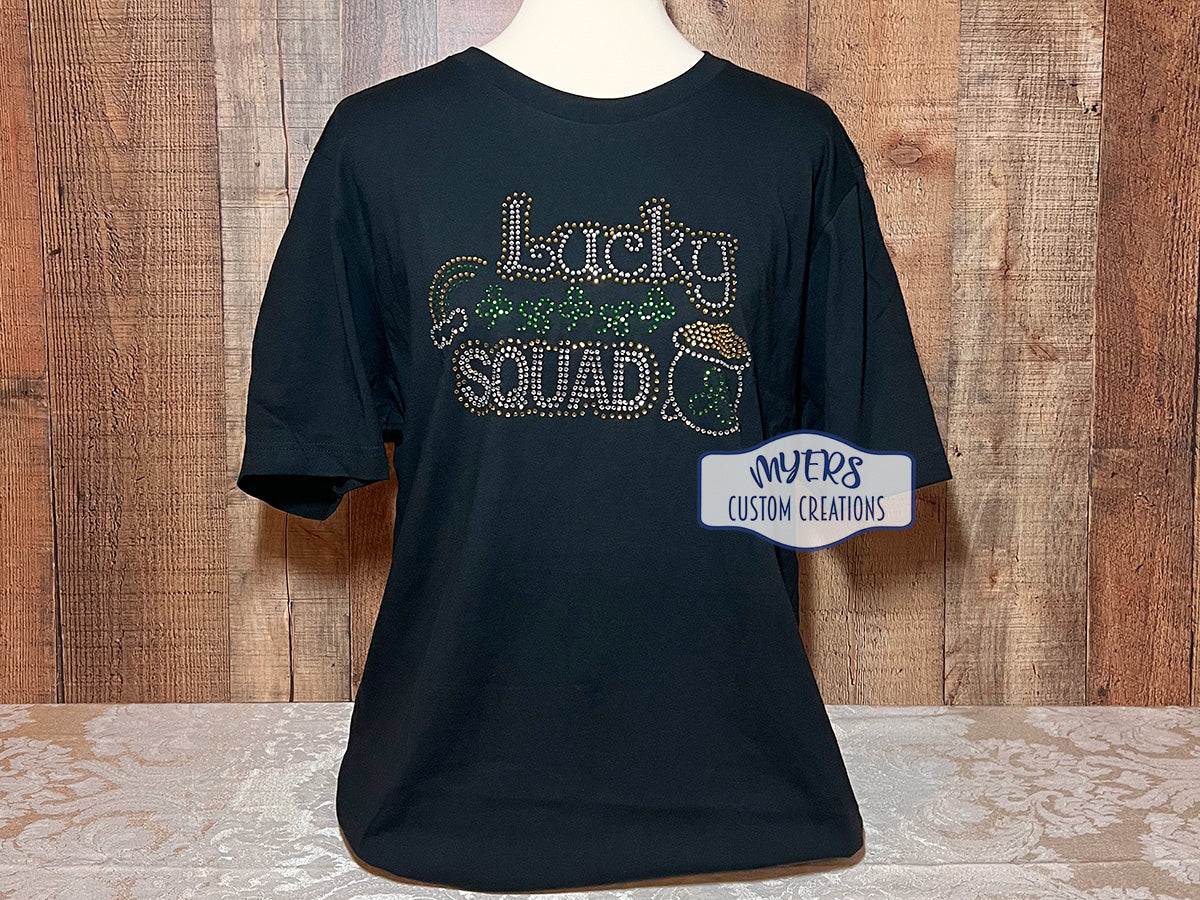 Lucky Squad black t-shirt with crystal, emerald, and light topaz rhinestones RTS