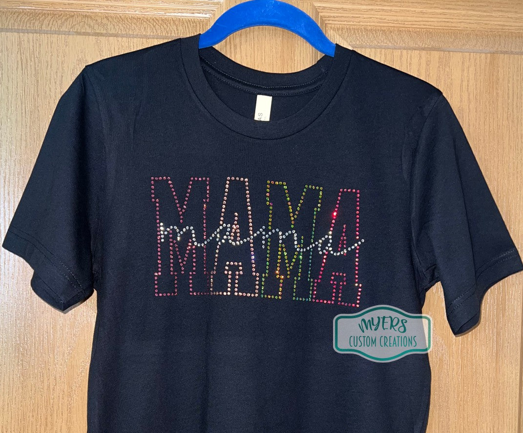 MAMA in block outline font and mama in script font in pink, rose gold, unicorn, potion, and crystal rhinestones