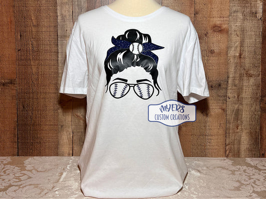 Messy Bun Baseball/Softball white large t-shirt with black and royal blue glitter HTV