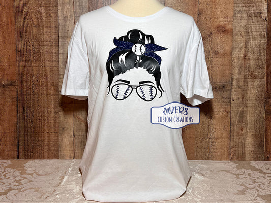 Messy Bun Baseball Mom white t-shirt with black and royal blue glitter HTV