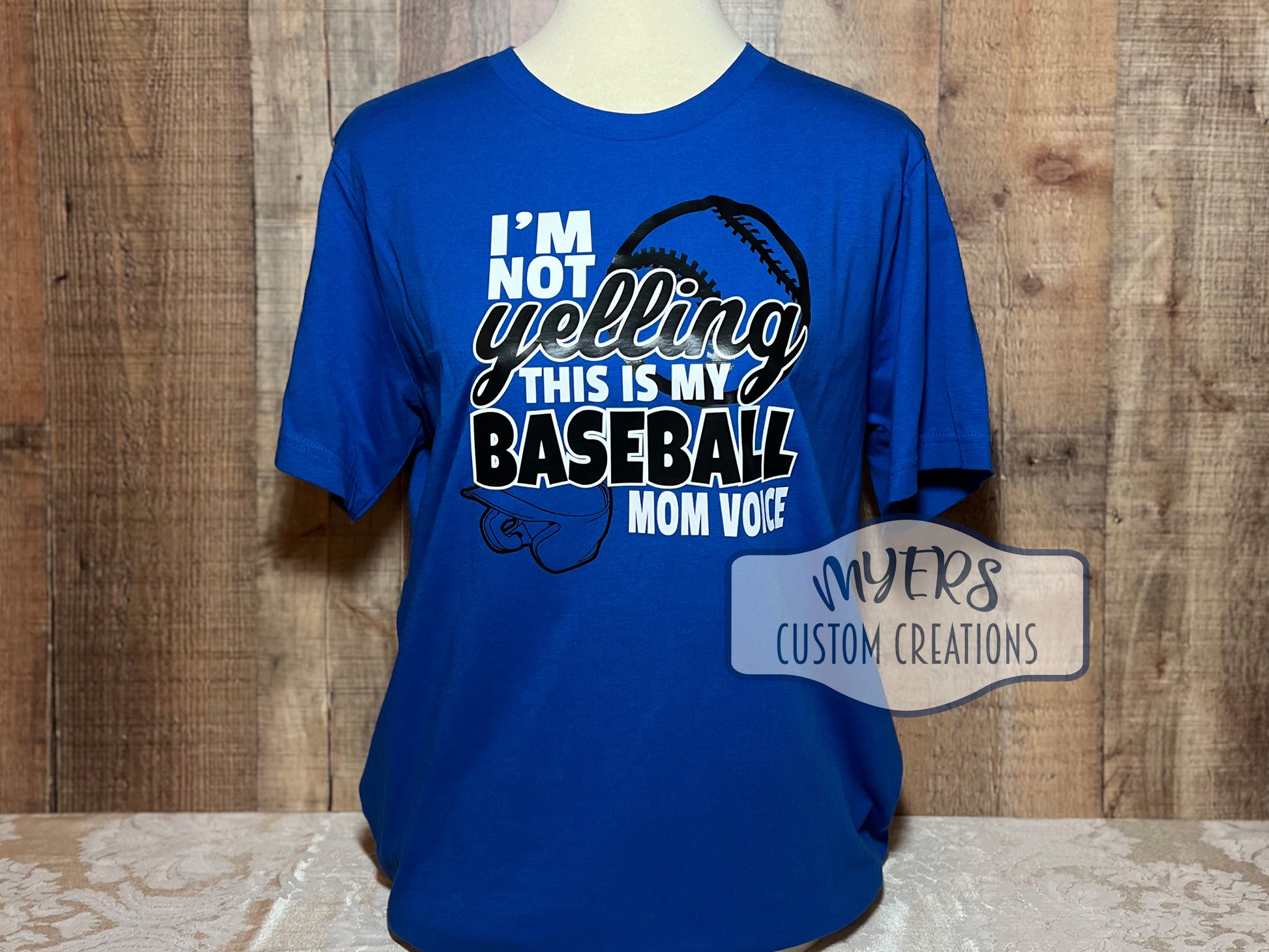 I'm Not Yelling Baseball Mom Voice royal blue Bella+Canvas t-shirt with white and black HTV RTS in size adult large