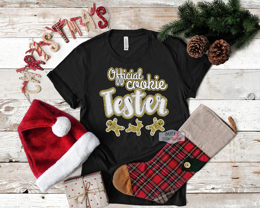 Official Cookie Tester black Bella+Canvas t-shirt with white glitter & gold glitter HTV and crystal rhinestones