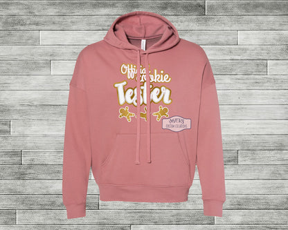 Official Cookie Tester mauve Bella+Canvas hoodie with gold metallic & white HTV and crystal rhinestones