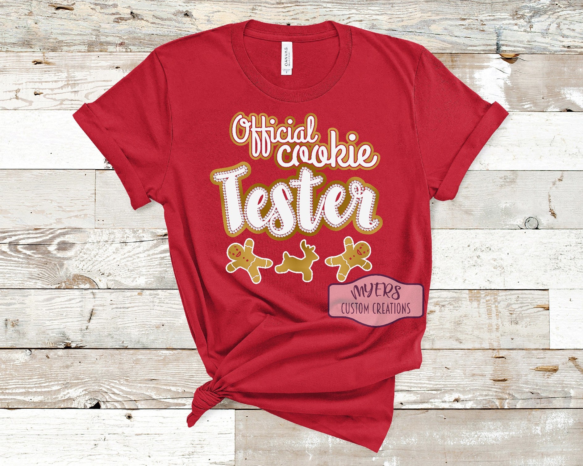 Official Cookie Tester red Bella+Canvas t-shirt with gold metallic & white HTV and crystal rhinestones