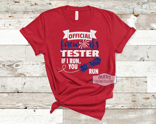 Official Fireworks Tester red Bella+Canvas t-shirt with white glitter and royal blue glitter HTV