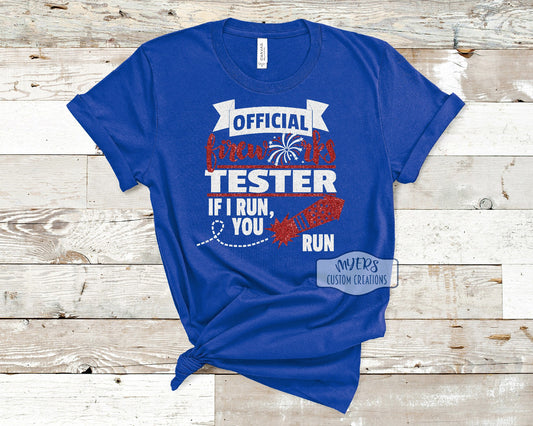 Official Fireworks Tester royal blue Bella+Canvas t-shirt with white glitter and red glitter HTV