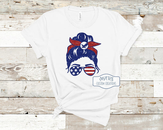 Patriotic Messy Bun white Bella+Canvas t-shirt with royal blue glitter and red glitter HTV