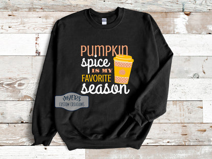 Pumpkin Spice is My Favorite Season Black Gildan sweatshirt with neon grapefruit glitter, white, and sun HTV