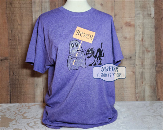 Scaredy Cat Rhinestone Heather Purple t-shirt with crystal & black rhinestones and neon orange glitter & black glitter HTV