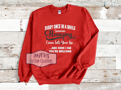 Someone Amazing red Gildan sweatshirt with white glitter and black glitter HTV