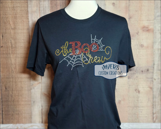 The Boo Crew Rhinestone Black Bella+Canvas t-shirt with crystal, orange, and citrine rhinestones