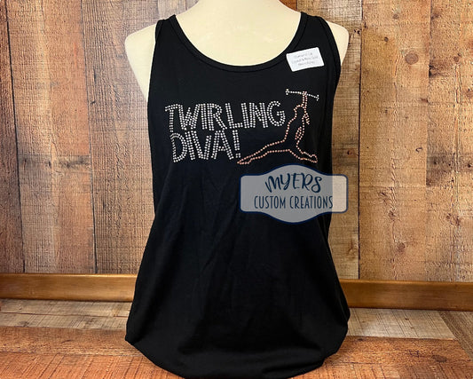 Twirling Diva Adult Large Bella+Canvas Jersey Tank Top with Diamond Cut Crystal and Rose Gold Rhinestones