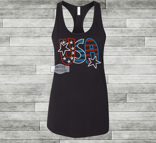 USA Rhinestone black Bella+Canvas racerback tank top with red siam, crystal, and blue rhinestones