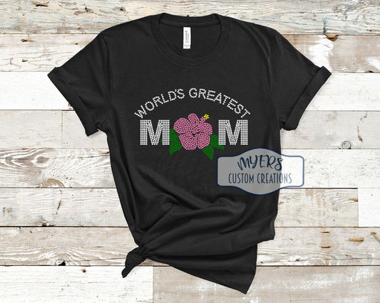 World's Greatest Mom black t-shirt with crystal, pink, emerald, and citrine rhinestones RTS